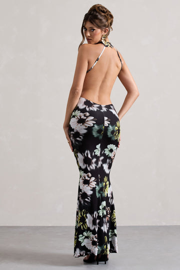 Tuscany Black Floral Print Halter-Neck Split Maxi Dress